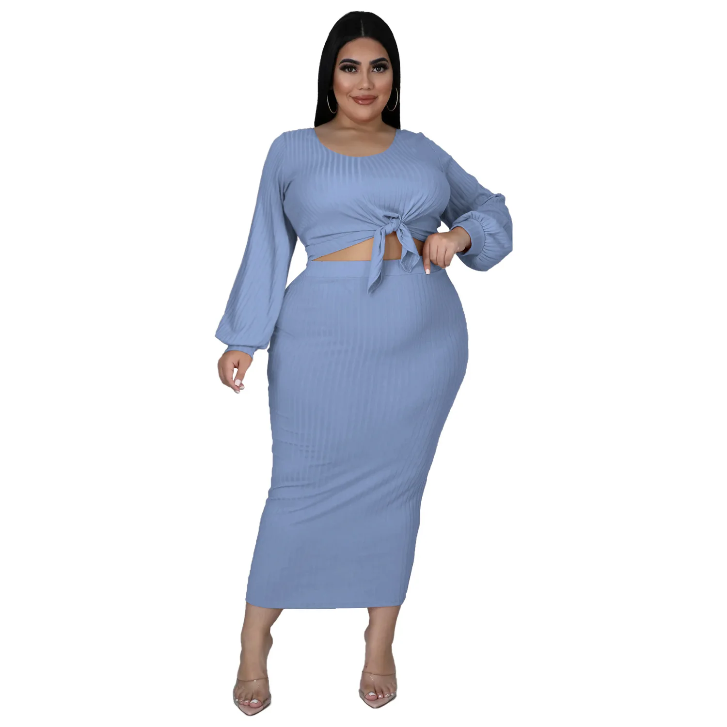 HAOOHU Soild Cotton Rib Sunken Stripe Casual 2 Piece Suit Women\'s Plus Size Sets Lantern Sleeve Top + Skirt Fall Clothes Fashion