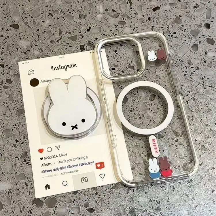 Coque de téléphone Apple 16 Pro Max / 15 Pro, motif Miffy, avec support magnétique, compatible avec la série Soft Sprout coréenne, adorable et pratique