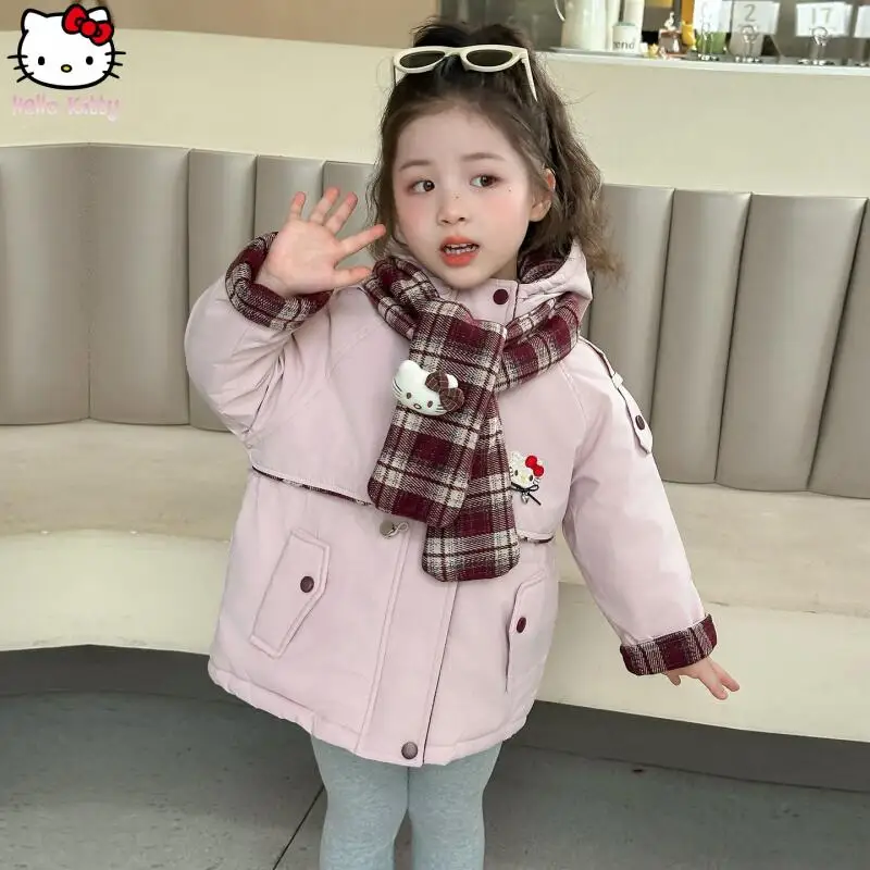 

Hello Kitty Girls Kawaii Warm Hooded Coat Cartoon Autumn and Winter Anime New Thickened Jacket Sanrio Fashion Cotton Scarf Tops