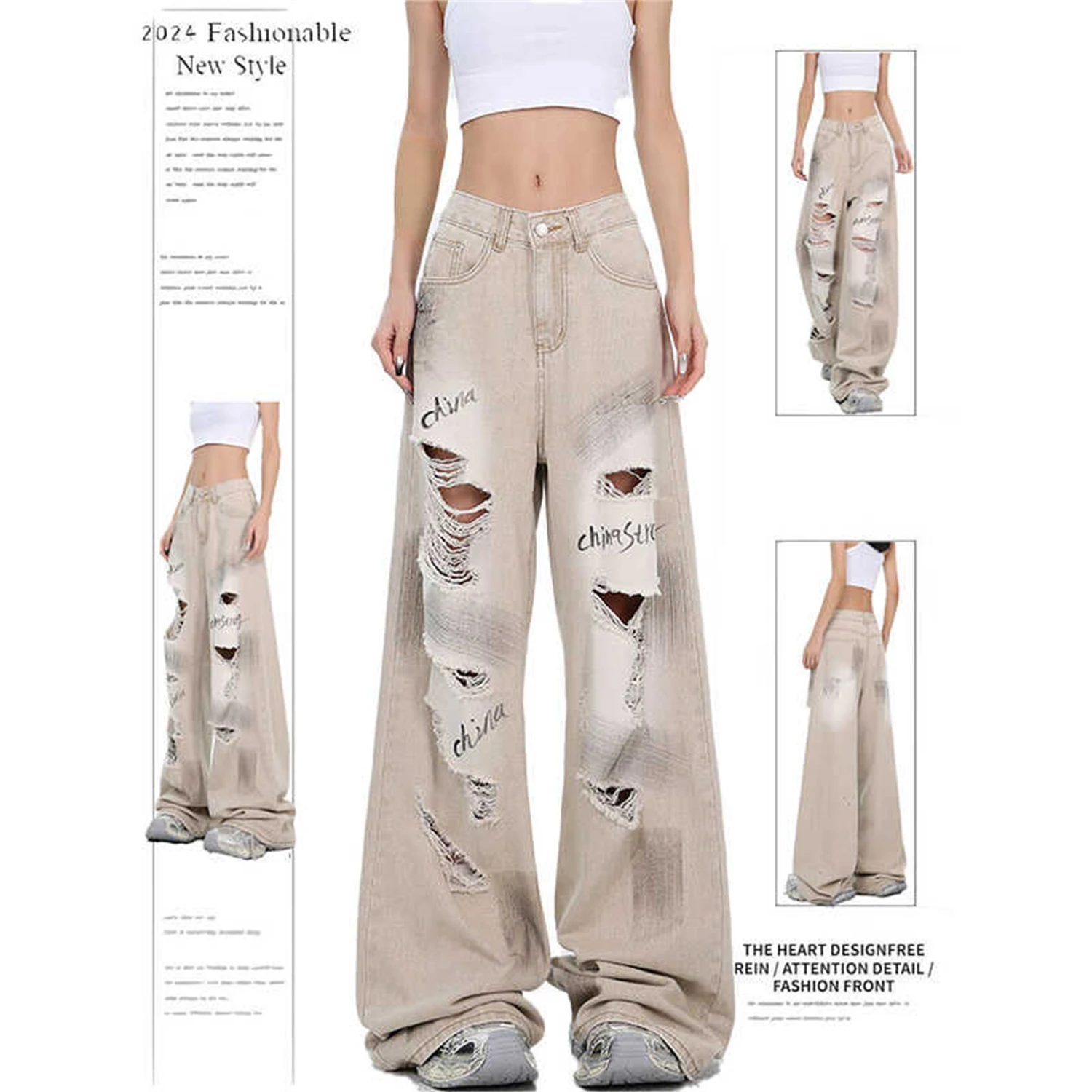 

Y2K Women's Distressed Denim Wide Leg Jeans 2025 New Fashion Letter Print High Waist Ripped Loose Casual Streetwear Trousers