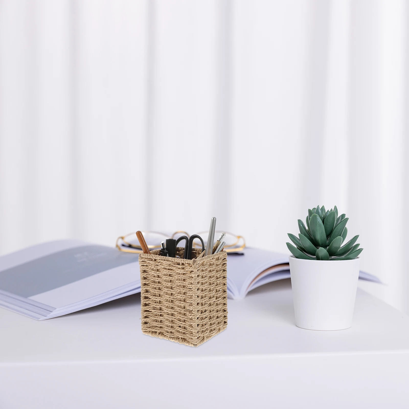 

1pc Hand-Woven Storage Basket Compact Woven Pen Holder For Office Desk Dorm Room Organizer Desktop Sundries Container Tea Table