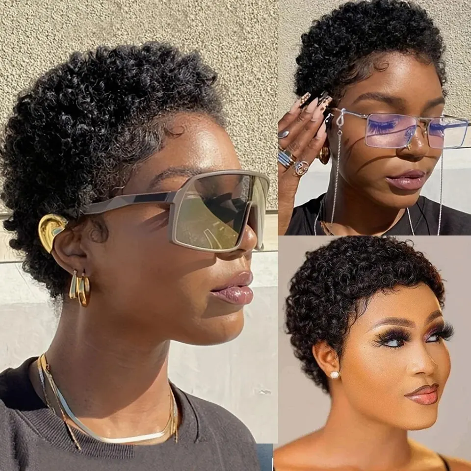 LUXURIOUS Short Pixie Cut Human Hair Glueless Wig Wear And Go Full Machine Made Brazilian Afro Kinky Curly Bob Wigs For Women