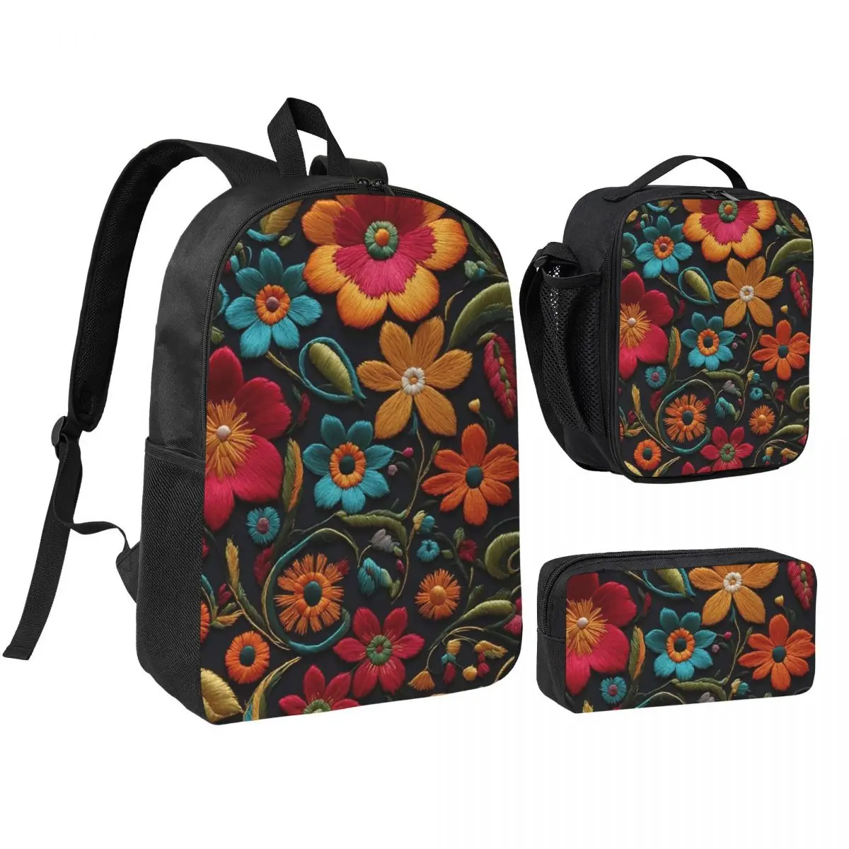 

Mexican Vintage Flroal Rebozos Mexicanos Backpack Student BookBag School Bag Shoulder Bags 3ps Insulated Lunch Bag Pencil Case