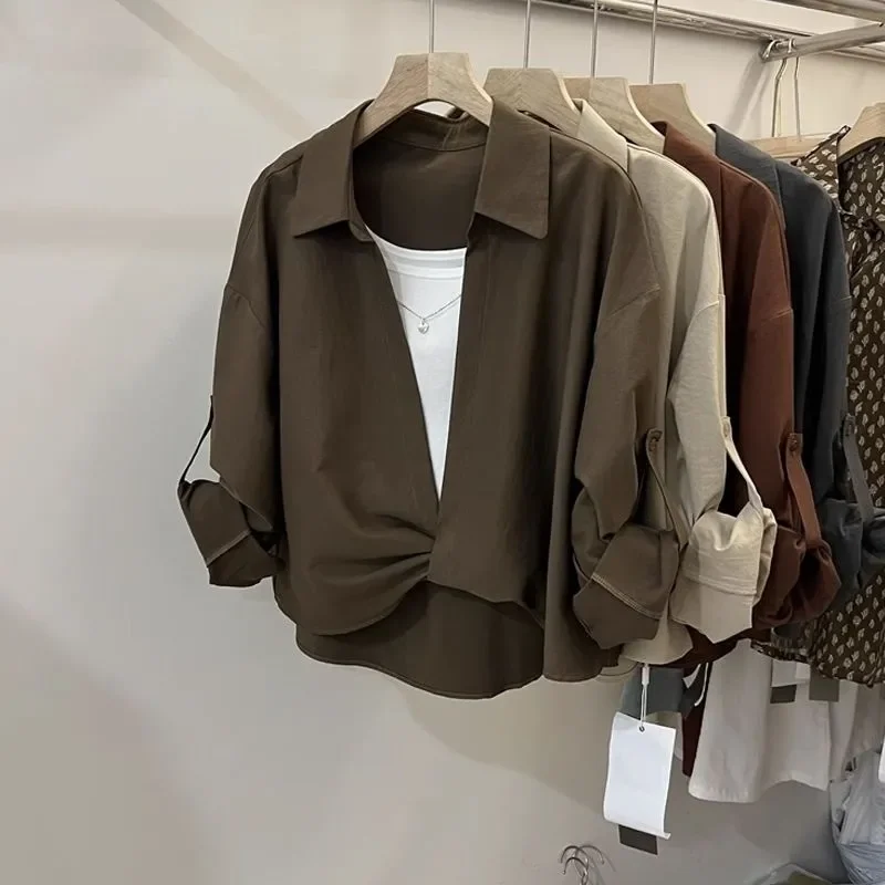 

Polo Collar Fake Two-piece Long-sleeved Shirt for Women in Early Autumn New Style Chic Western-style Top