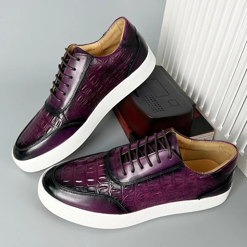 

Mens Genuine Leather Popular Purple Casual Shoes Flat Sneakers Autumn Lace-up Alligator Print Best Quality Oxford Shoes for Men