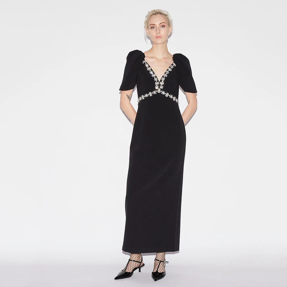 

Коктейльное платье макси с кристаллами и V-образным вырезом, с короткими рукавами, элегантное коктейльное платье для женщин, 2024, роскошное вечернее платье до щиколотки