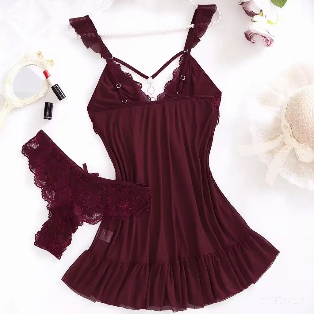 2026 New Red Sexy Lingerie Set Women Deep V Slip Dress Thong Erotic Bra Panty Sets Lace Nightdress Soft Nightgown wedding Pijama view 6