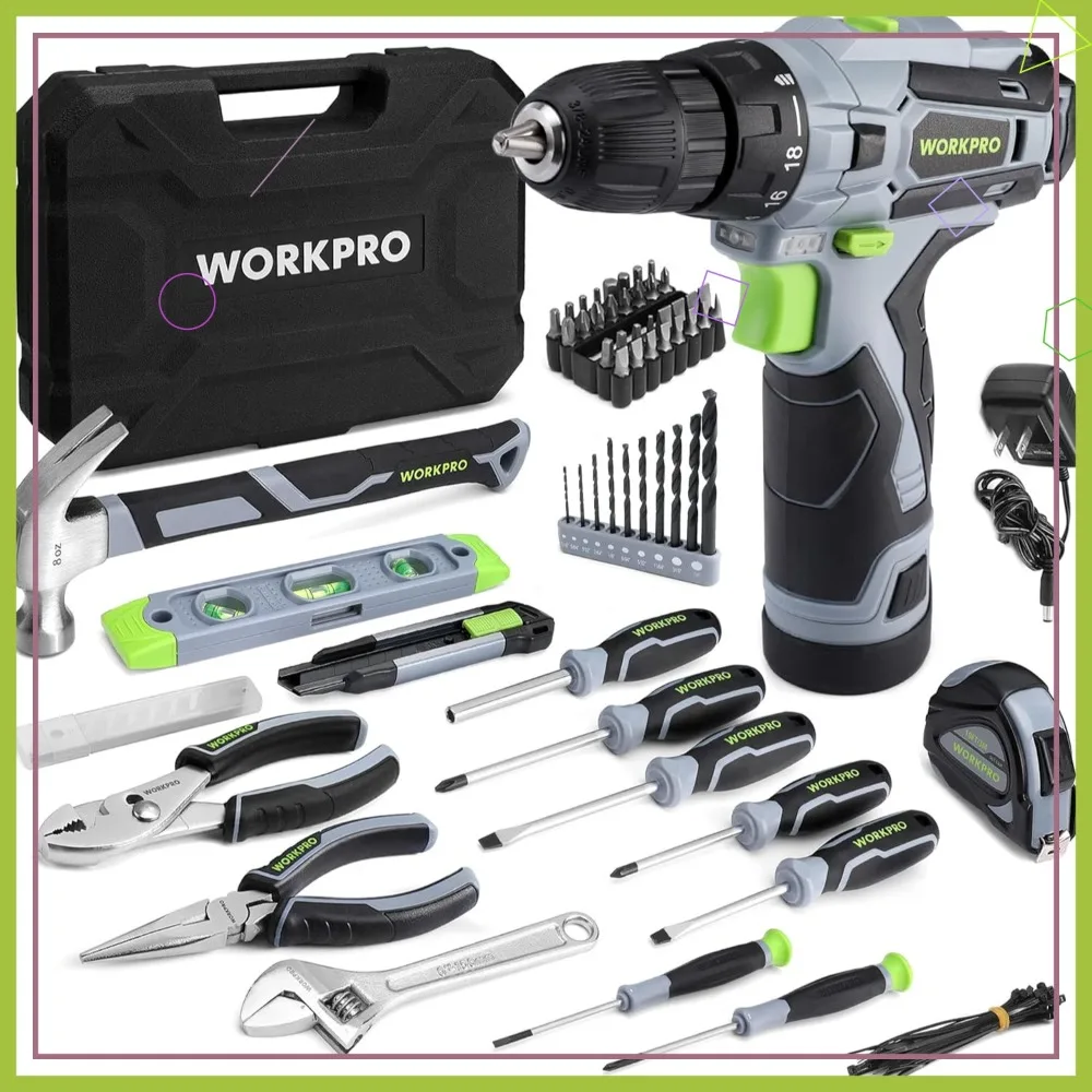 

108PCS Home Tool Kit with Power Drill, 12V Cordless Screwdriver Set with Variable Speed, Battery Powered Drill Kit in Tool Box