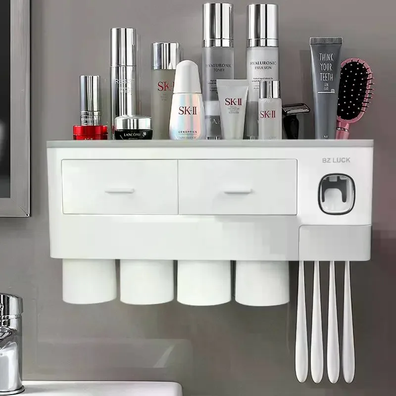 2-4 Cup Toothbrush Holders for Bathrooms - Wall Mounted with Toothpaste Dispenser - CosmeticDrawe, Large Capacity Tray & Bathroom Accessories Bottles Home Goods Organizer Organizing TikTokShopSpringGlowUp SummerVibes
