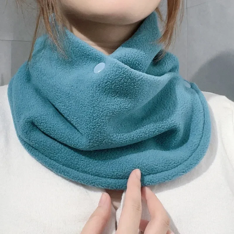 Plush Neck Protection Scarf Unisex Cold Proof Solid Color Neckerchief Outdoor Autumn Winter Double Button Fleece Warm Scarves