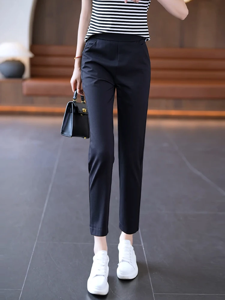 

Черные женские летние тонкие брюки-харланы с высокой талией, свободного кроя, в корейском стиле, повседневные, укороченные (7/8 или 9/10)