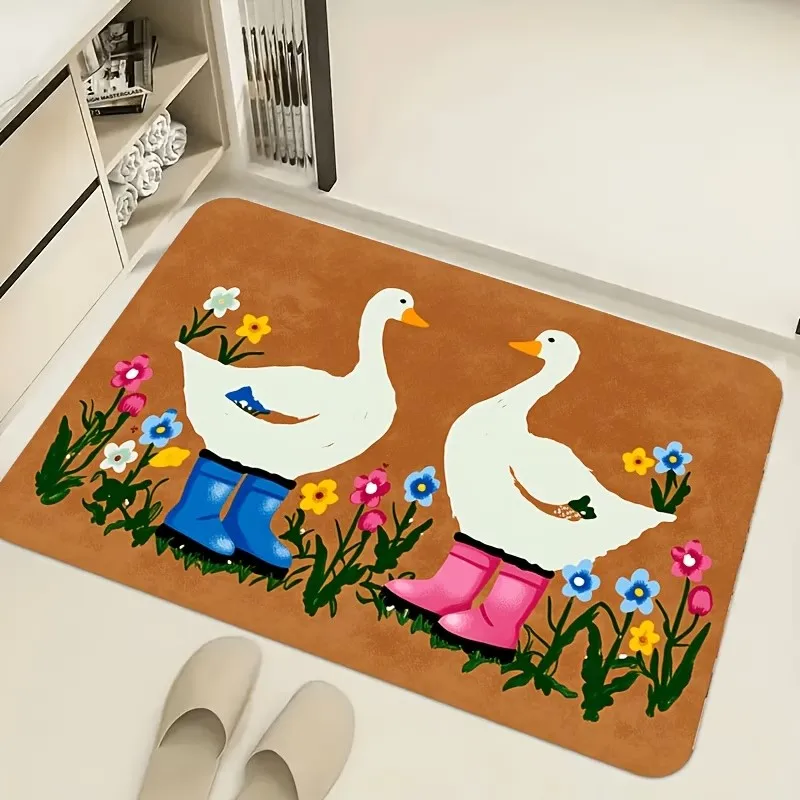 Cute White Goose Door Mat Flowers Welcome Doormat Anti Slip Floor Rug Kitchen Carpet Living Room Entrance Porch Mats