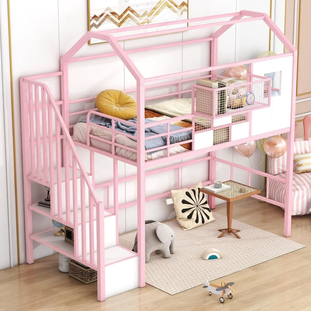 Twin Size House Loft Bed with Stairs and Storage Box, Cute Metal Loft Bed for Kids Bedroom, No Noise, Pink image 3