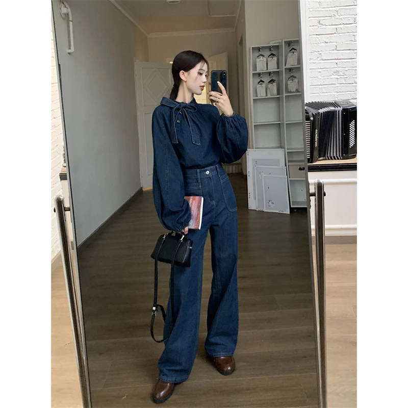 MEXZT Elegant Bow Denim Shirts Women Vintage Bandage Jeans Blouses Streetwear Korean Puff Long Sleeve Casual All Match Tops New