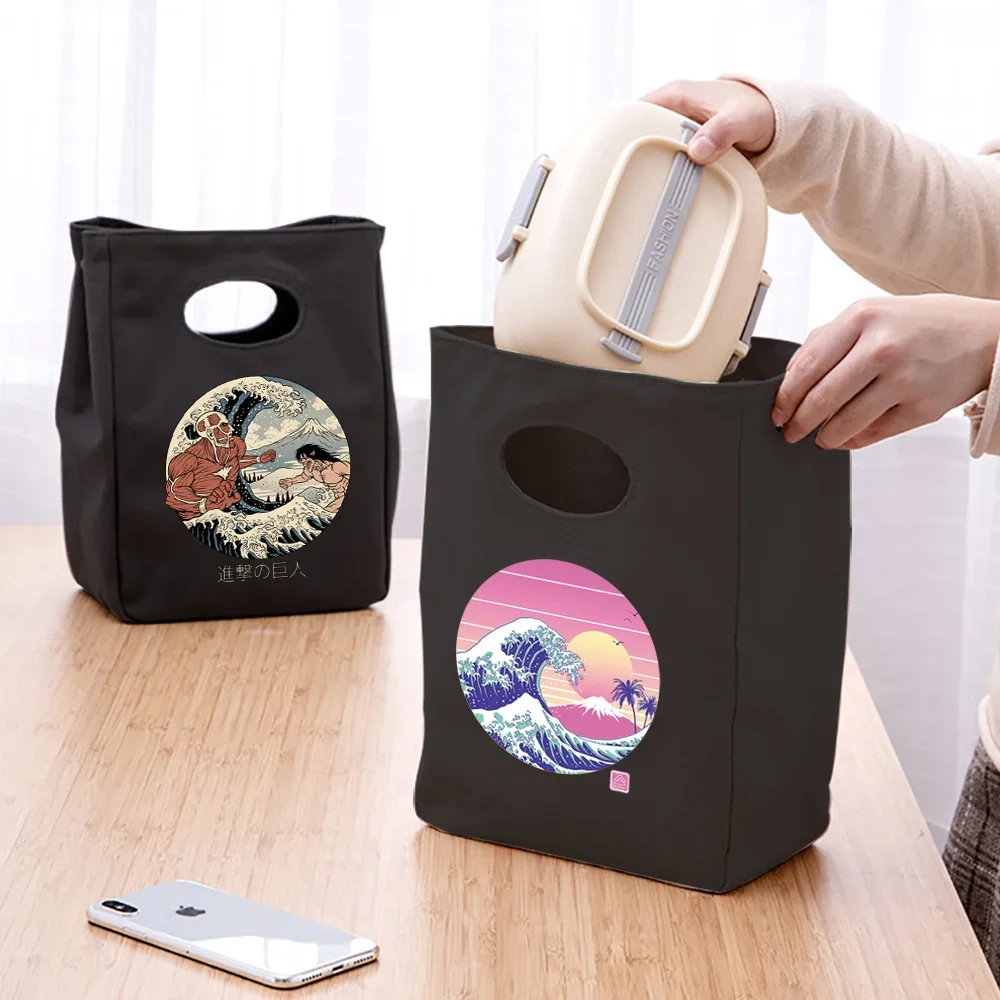 Portable Insulated Lunch Bag Made Wave Print Handbag Cooler Picnic Bags Thermal Lunch Box Pouch School Travel Food Storage tote