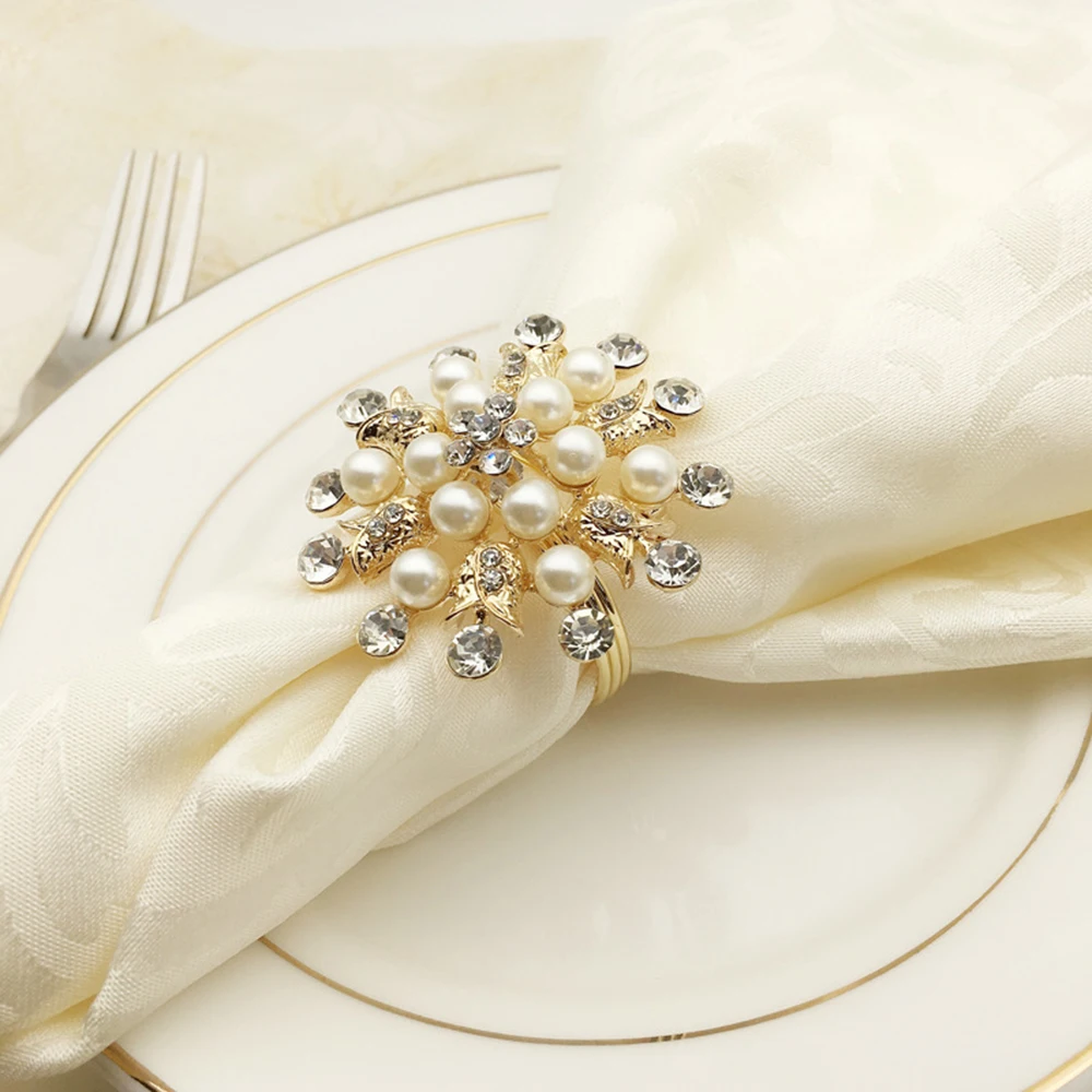 Christmas Napkin Rings Alloy Napkin Clasps with Pearl Rhinestones Bow Flower Napkin Buckle Home Wedding Party Dinner Xmas Decor