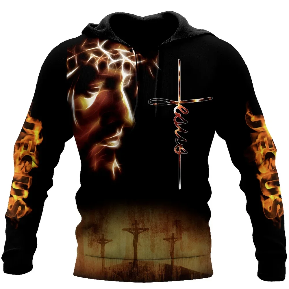 Men's Autumn Animal Lions and Jesus elements printed pattern Long sleeve hoodie Men's fashion trend hoodie fall casual hoodie