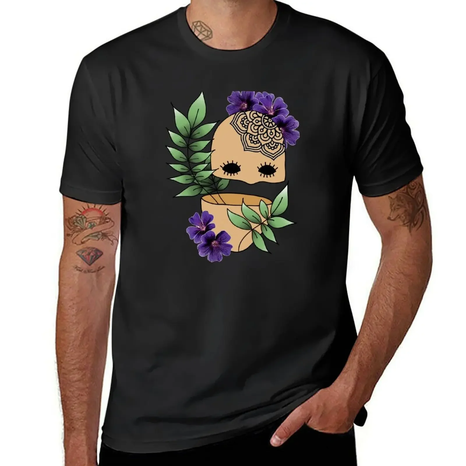 Plant Lover, Creepy Face with Plant Leaf & Purple Flowers - Repeat Print T-Shirt cute tops mens funny t shirts