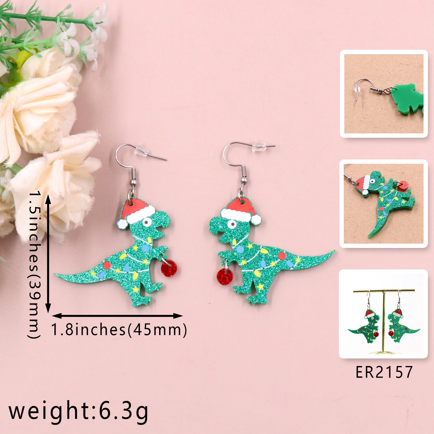 1pair New product CN Drop Dinosaur with santa hat cute christmas Acrylic earrings Jewelry for women