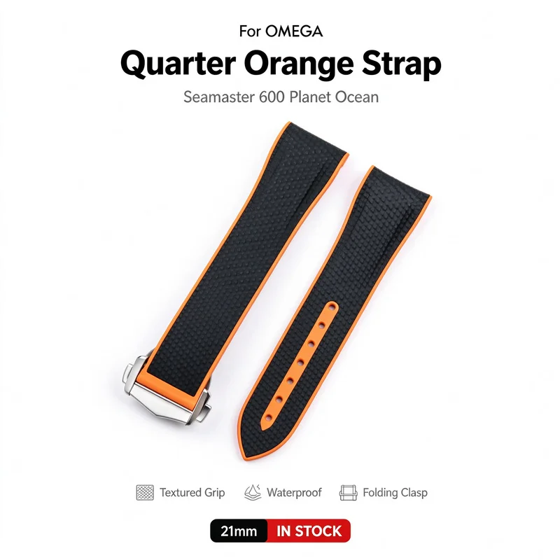 Quarter Orange Rubber Strap for Omega Seamaster 600 Planet Ocean 21mm Black Orange Folding Clasp Sport Replacement Watch Band