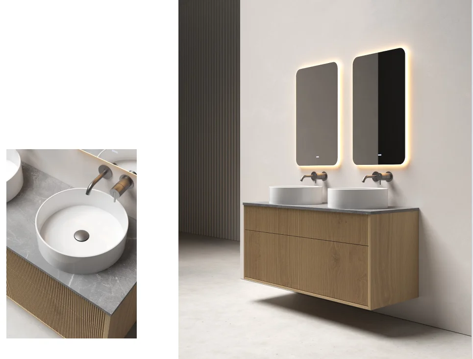 مجموعة خزانة حمام خشبية صلبة عائلية حديثة مثبتة على الحائط تبيع فاخرة لتخزين الحوض المزدوج مع مرآة ذكية #6