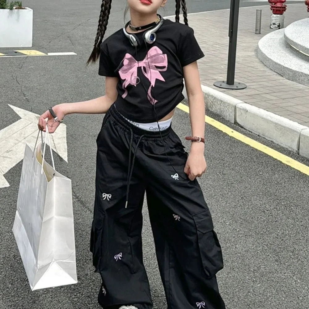 Personality Embroidered Baggy Cargo Pants Multi Pockets Drawstring Sweet Bow Pants Wide Leg Joggers Y2k Pants Girl Children