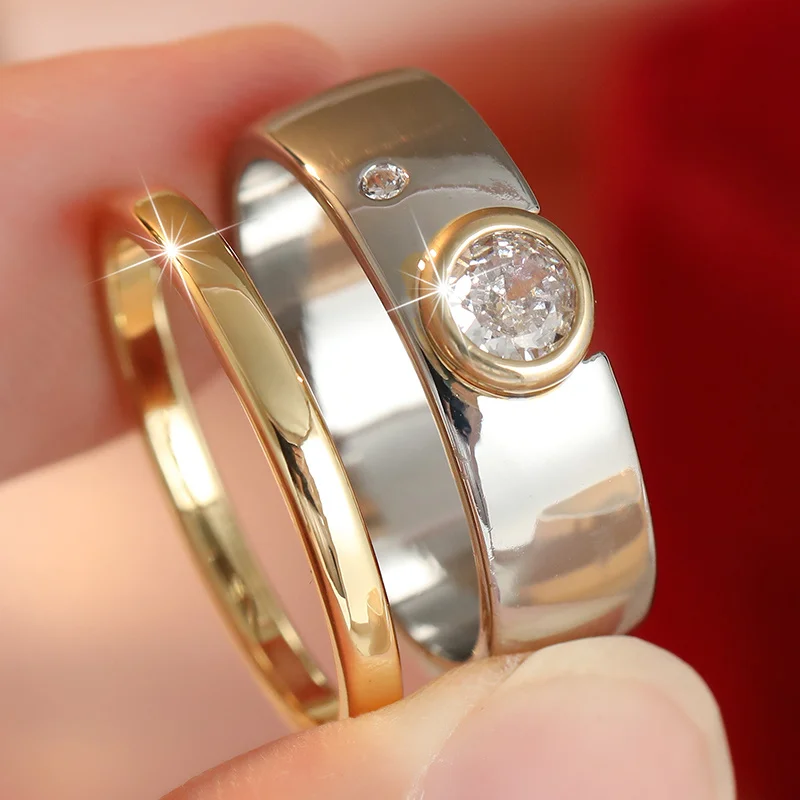 2pcs/set Women' Fashion Personalized Ring Set Dual Tone Wide and Narrow Design Inlay Zircon Ring Versatile Fashion Accessory