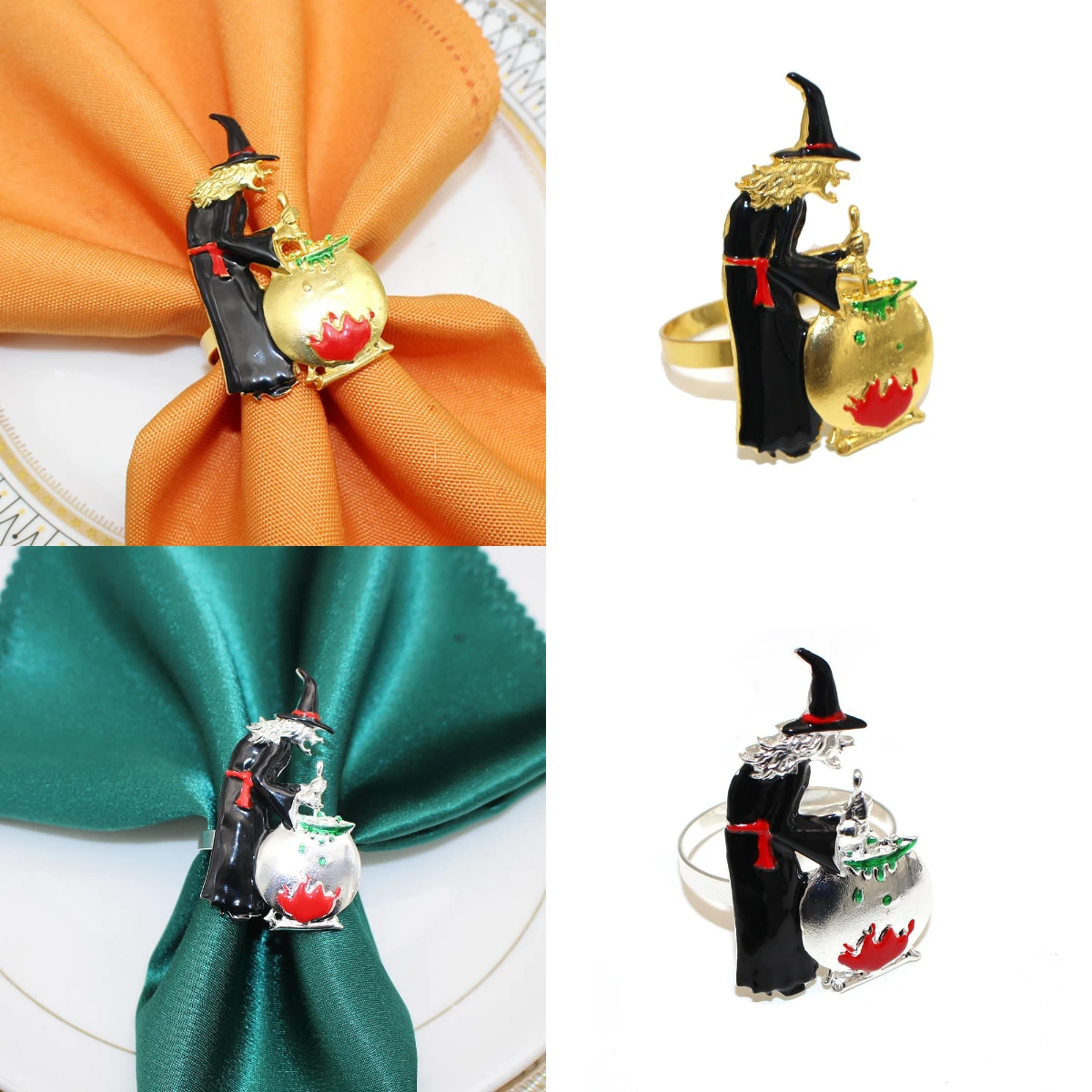 Servilletero de Halloween, servilletero dorado y plateado, hebilla de servilleta de bruja vieja negra, decoración de mesa de fiesta en casa para restaurante de Halloween
