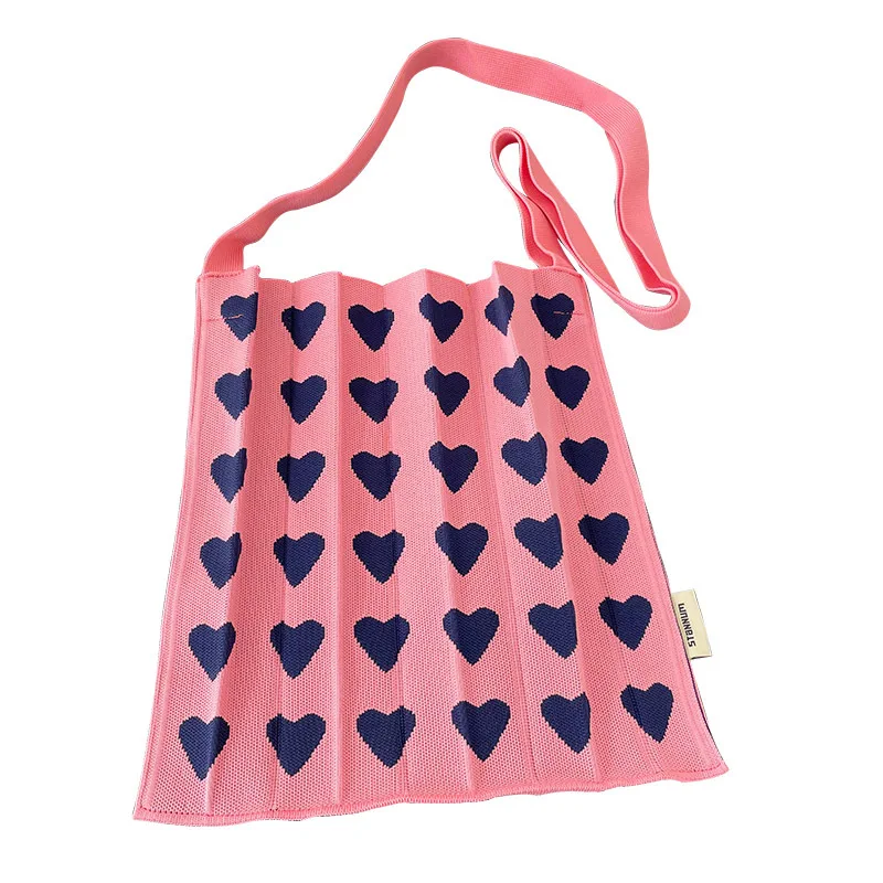 Borsa a tracolla pieghevole con motivo a cuore in stile coreano estivo in maglia intrecciata a mano regalo di san valentino nero rosa morbido Tote Casual all'ingrosso