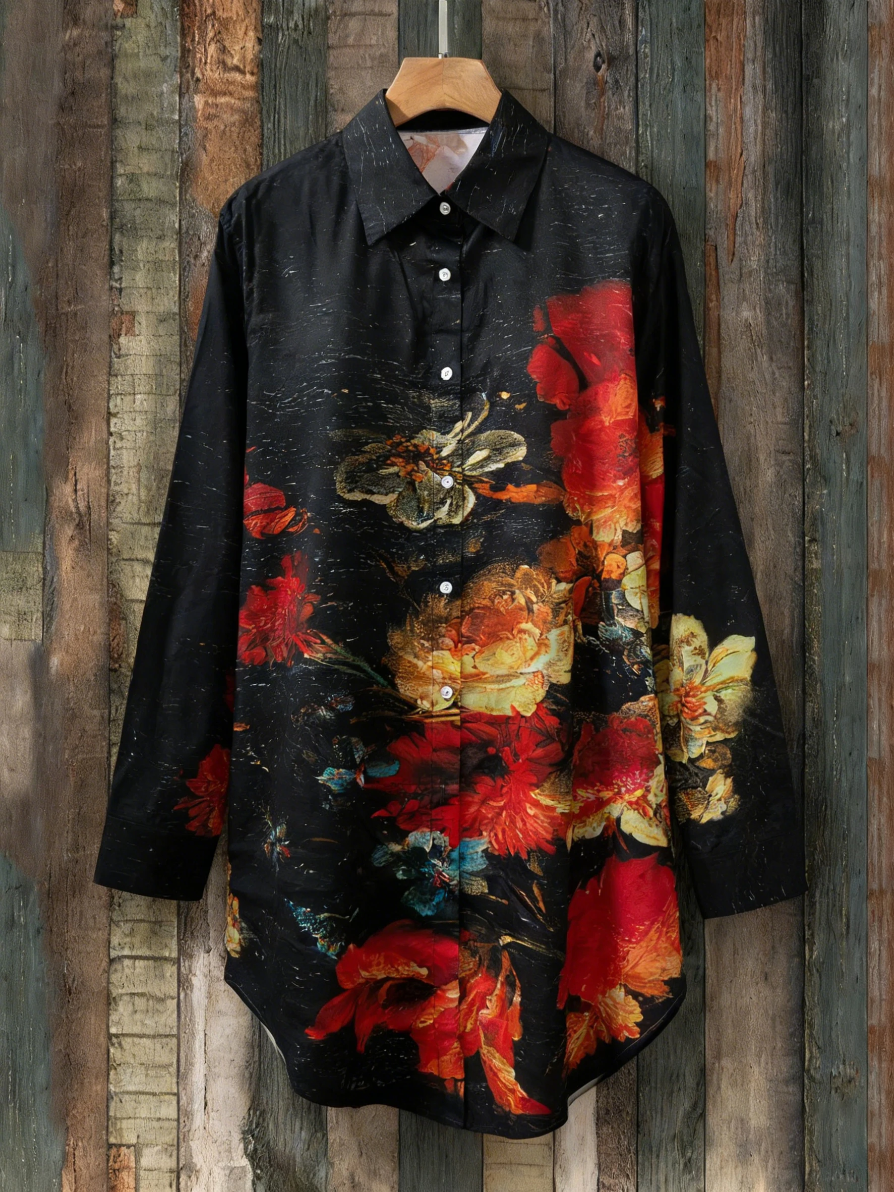 

Plus-Size New Fashion Floral Print Retro Style, Long-Sleeved Long Vacation Shirt