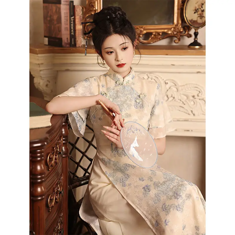 Improved Qipao 2024 New Summer Modern Chinese Style Blue Jacquard Short Sleeve Cheongsam For Women Youth Girls Long Party Dress