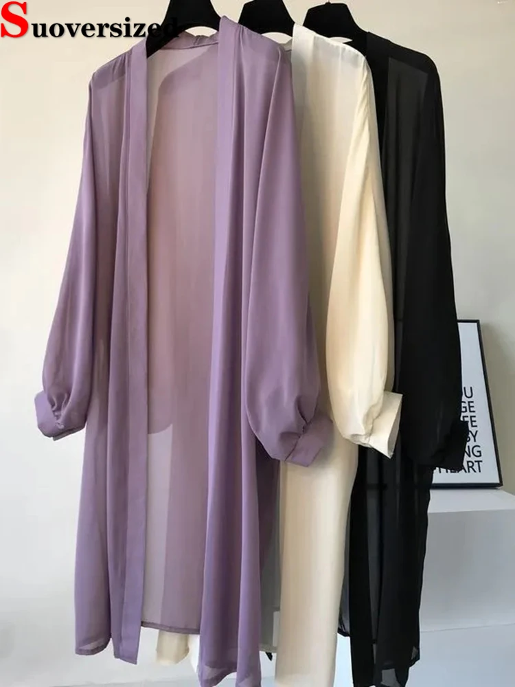 Allentato spiaggia protezione solare oversize 4xl scialle donna estate Casual cappotti in Chiffon manica lunga coreano elegante mezza lunghezza