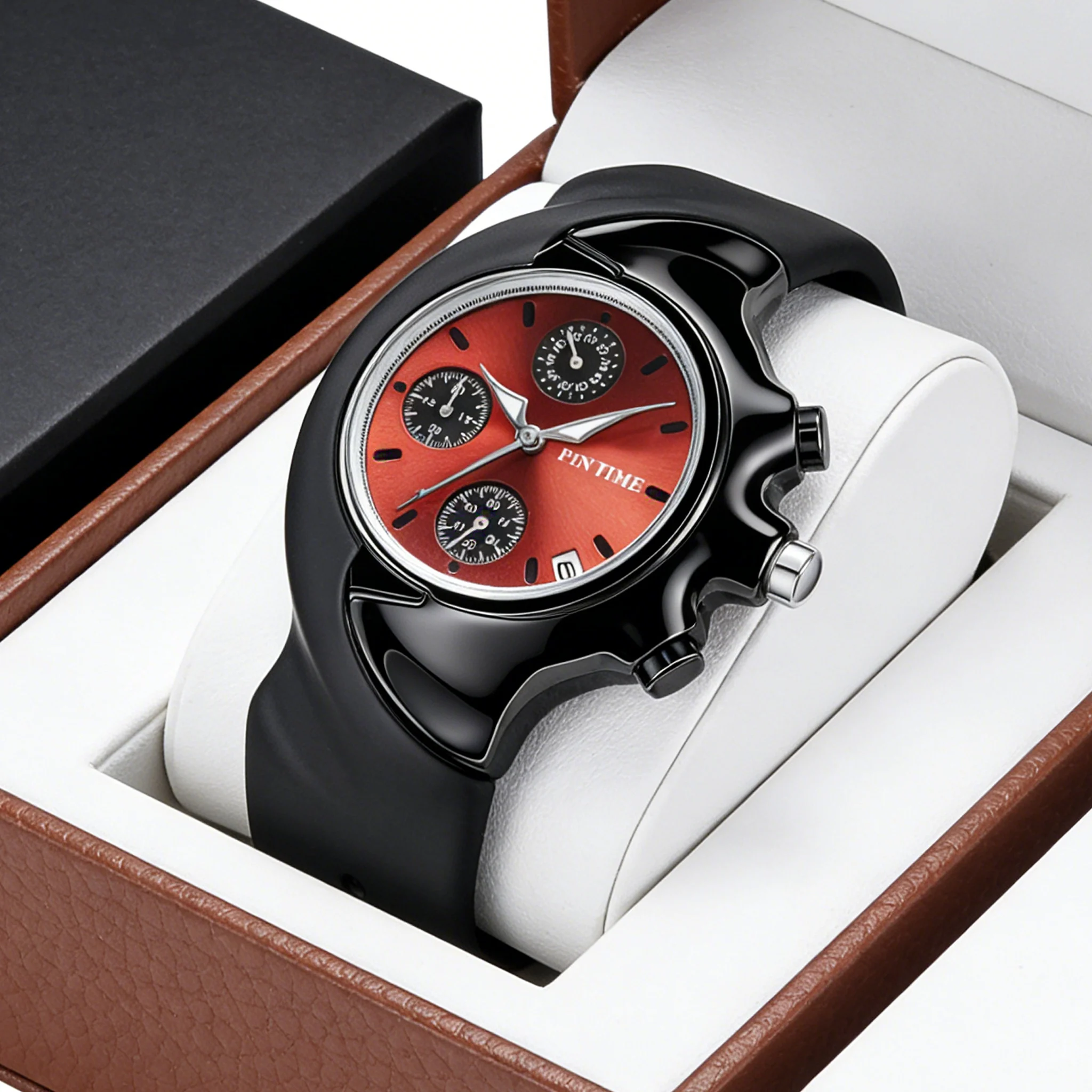 

Men's Quartz Watch, Black Case with Multi-Functional Date Display and Six Hands, Y2K Unique Twisted Bezel Men's Watch, Gradient