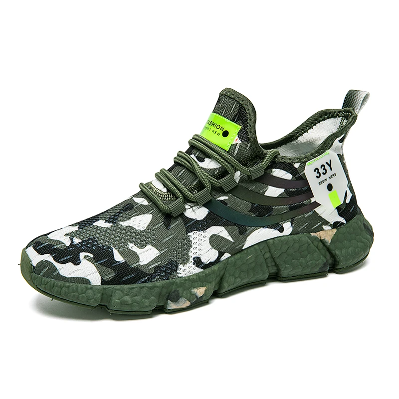 Women Men Sneakers Army Green Camouflage Outdoor Running Shoes Low Top Casual Shoes Mesh Breathable Sock Shoes Plus Size 36-46