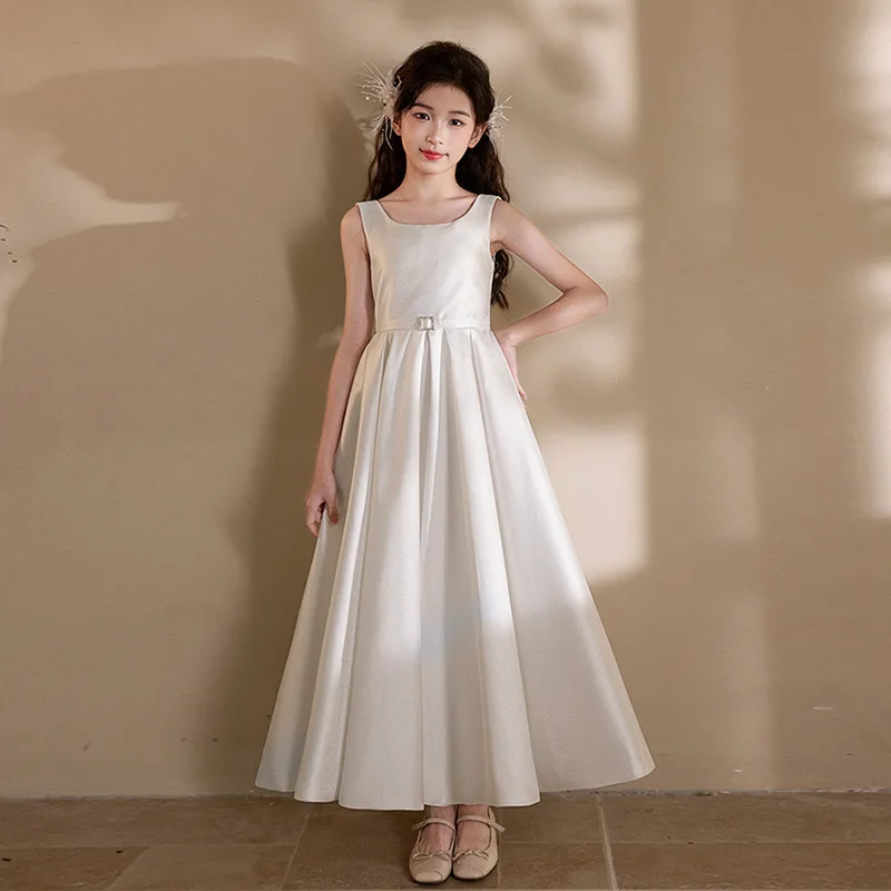 

Белые праздничные платья для девочек, атласные розовые платья 2022, новое детское платье принцессы для выступлений на фортепиано, красная одежда для хозяев