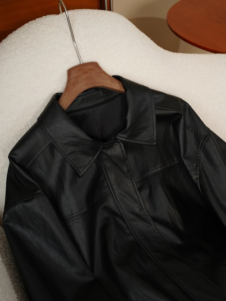 Cool Bla PU cuir Jaet femmes longue fermeture éclair rouleau Sve col montant Thiened coupe droite Sle Faionable vêtements d'extérieur