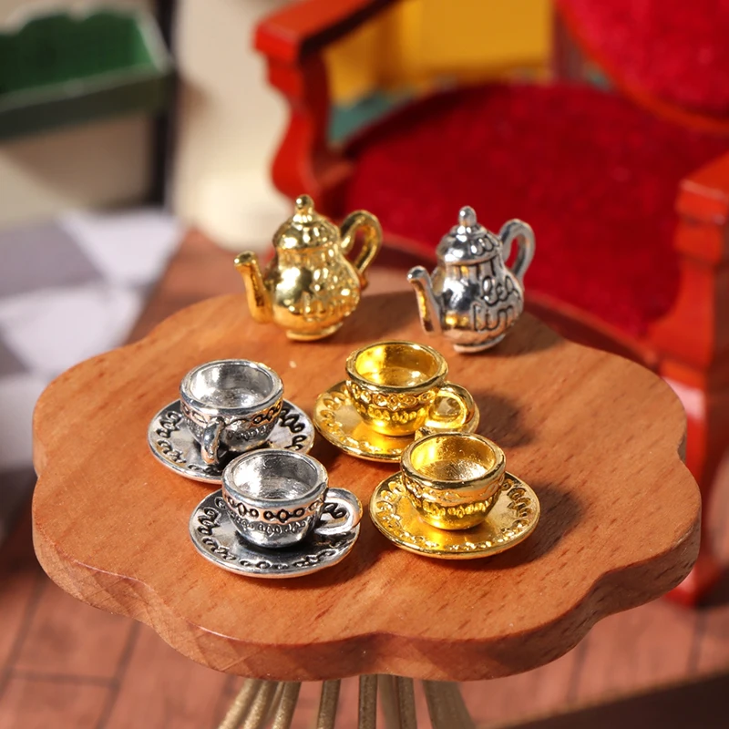 1Set Doll House Miniature Metal Tea Doll House Furniture Miniature Dining Ware Toy Teapot Cup Plate