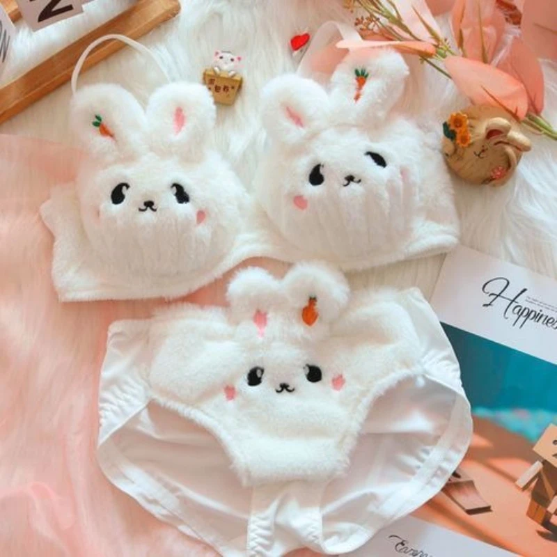 Comfortable Winter and Autumn Plush Bear-shaped Bra Set, Cute Cartoon-style Soft and Warm Small-brea