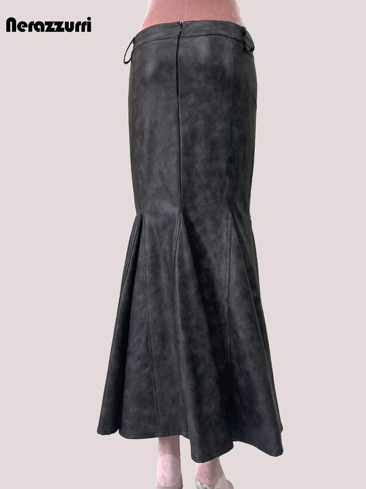 

Lautaro Spring Summer Autumn Vintage Distressed Brown Pu Leather Maxi Trumpet Mermaid Skirt Women Long Luxury Designer Clothes