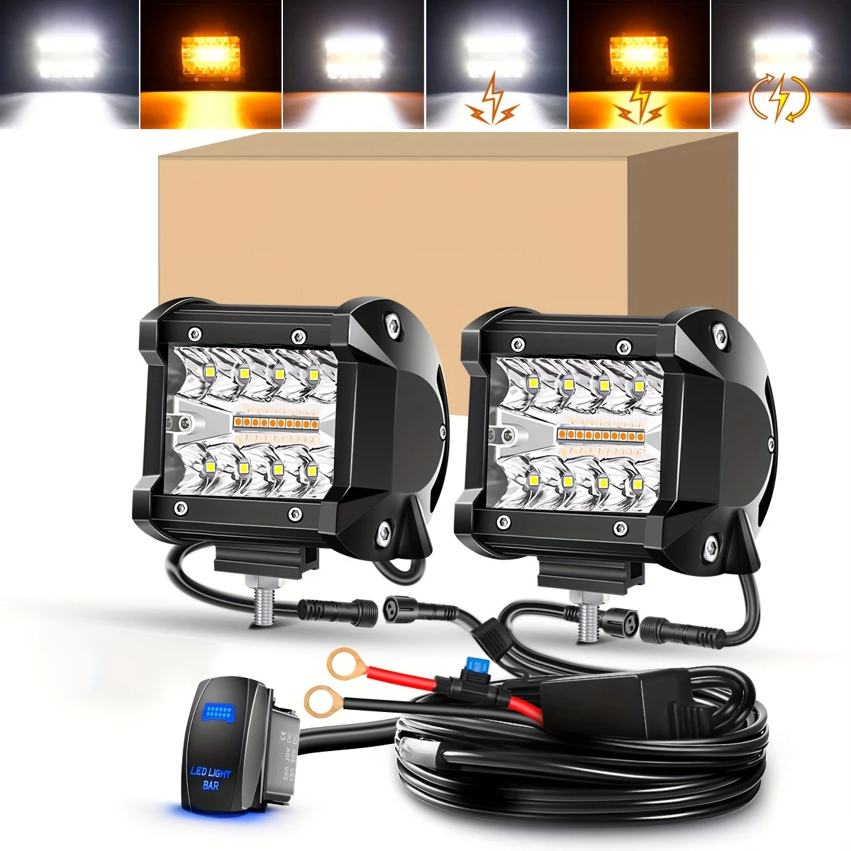 

2PCS 4Inch LED Pods Spot Flood Amber White Light Bar Strobe 6 Modes Kit-2 Lead Memory Function Off-Road Truck Car ATV SUV Boat