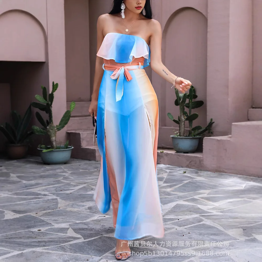 여성 새로운 한 단어 슬래시 어깨 스트랩 대조 색상 드레스 섹시한 여름 긴 느슨한 드레스