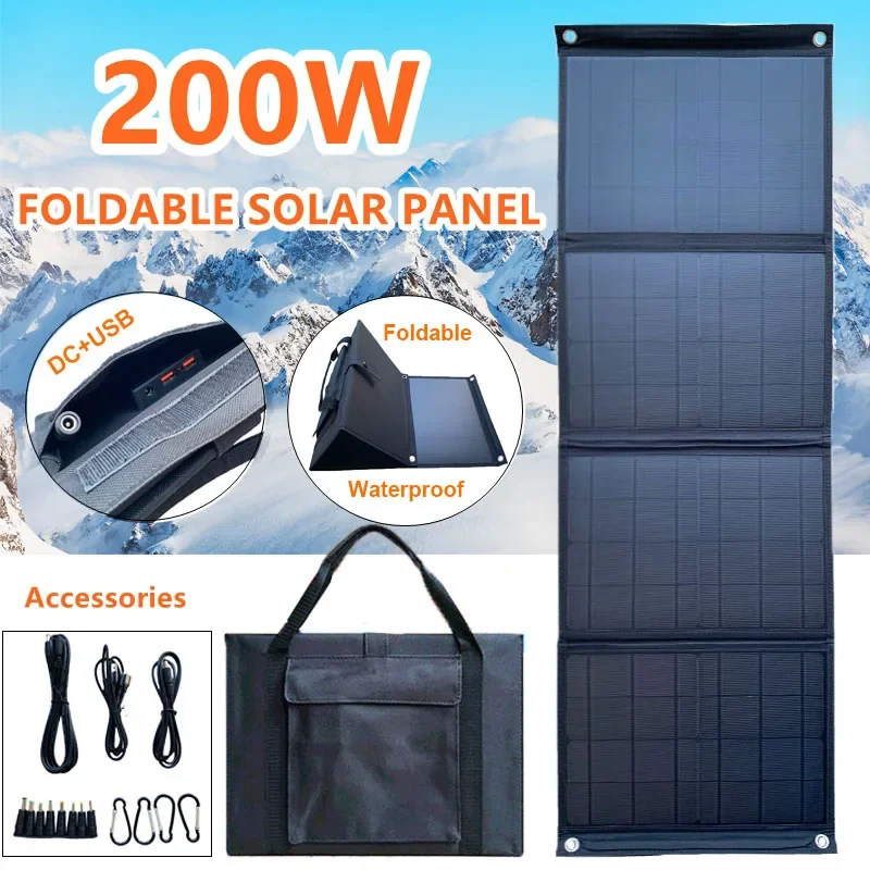 200W Folding Solar Panel Dual USB + DC Solar Cell Portable Waterproof Solar Charger Outdoor Mobile Power Bank for Camping Hiking