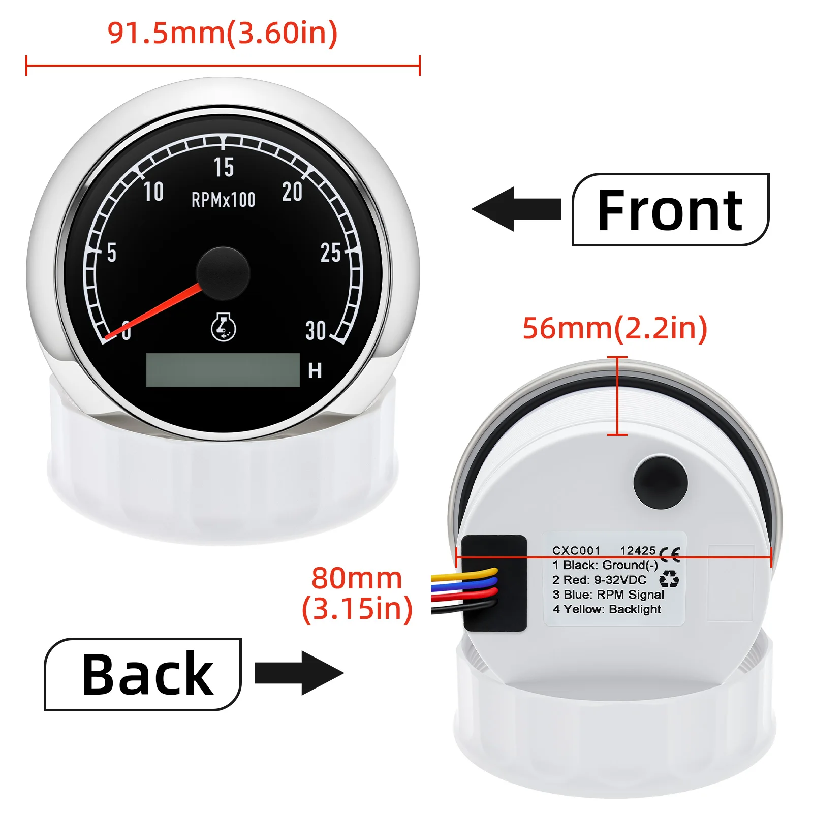 80mm 7 Color Backlight 0-3000 RPM Tachometer Gauge Speed Indicator with Hour Display LCD for 12V24V Car Truck Boat Yacht Vehicle
