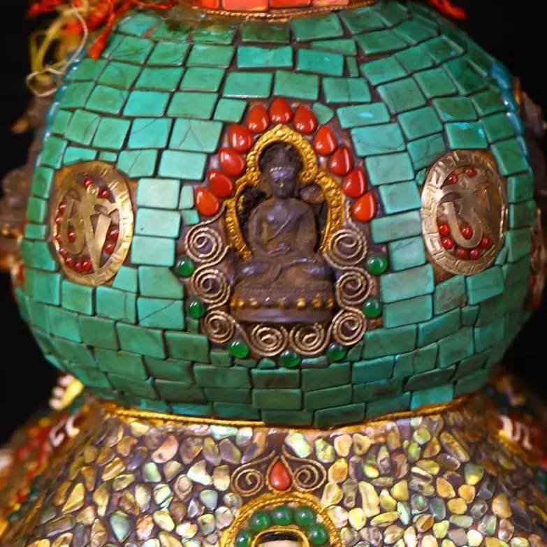 

17"Old Xizang Folk Collection Old Natural Meteorite Mosaic Gem gZi Beads Turquoise Shell Shakyamuni Buddha Pagoda Worship Hall