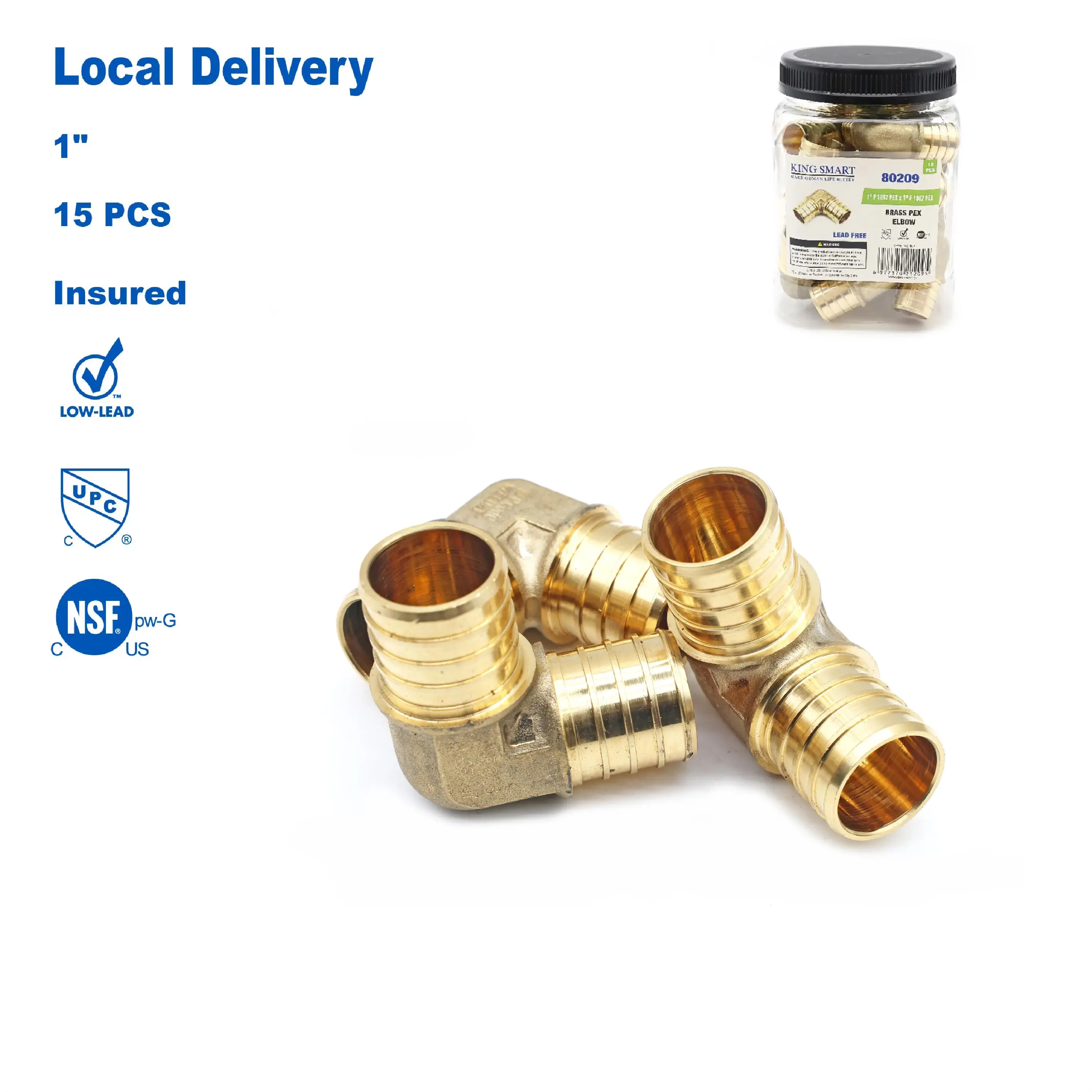 

KING SMART 1" Crimp PEX Elbow; Suitable for PEX B/C, PERT Pipe Installation; Lead Free Brass; 15Pcs/Case; 80209