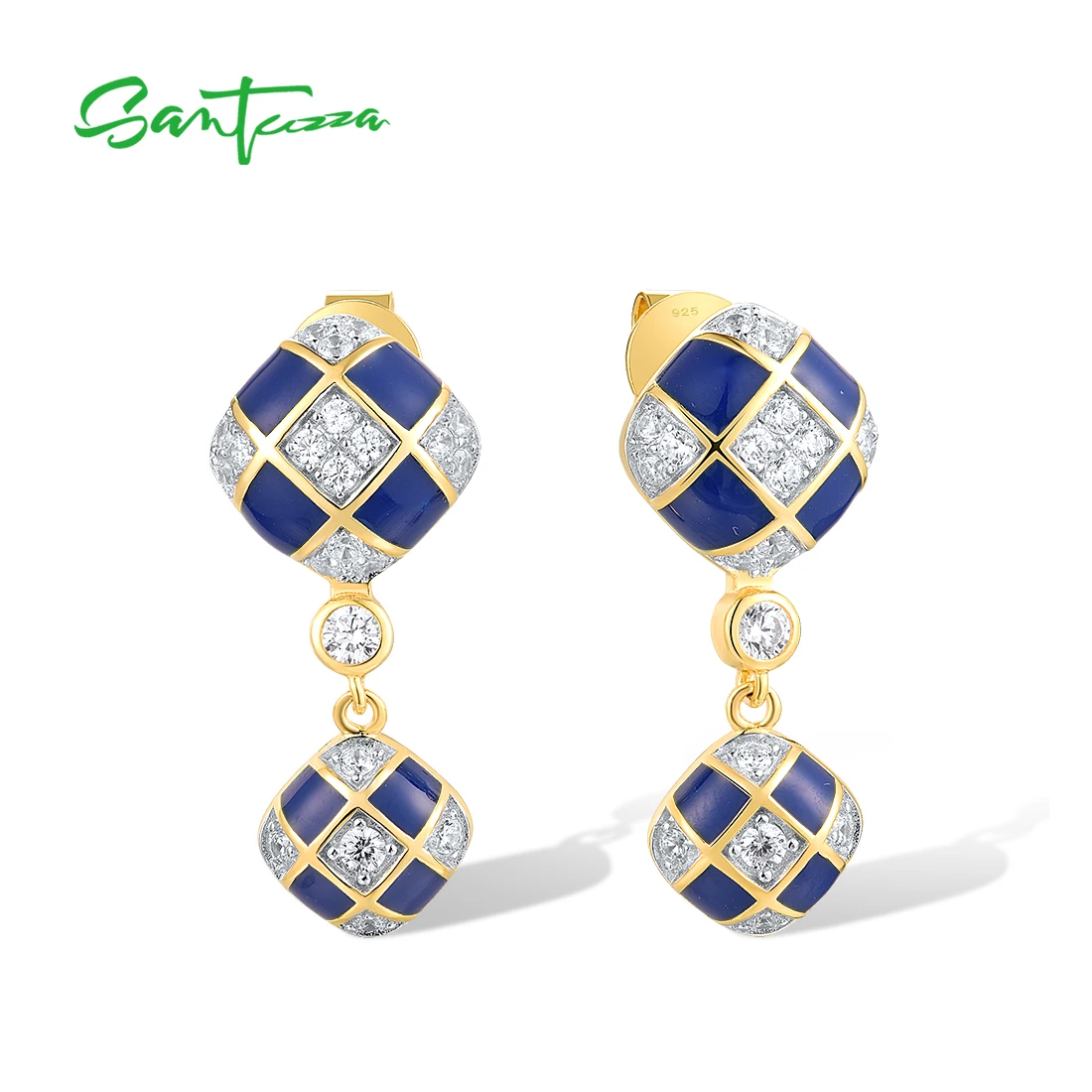 

SANTUZZA Pure 925 Sterling Silver Drop Earrings For Women Sparkling White CZ Square Grid Blue Enamel Wedding Party Fine Jewelry