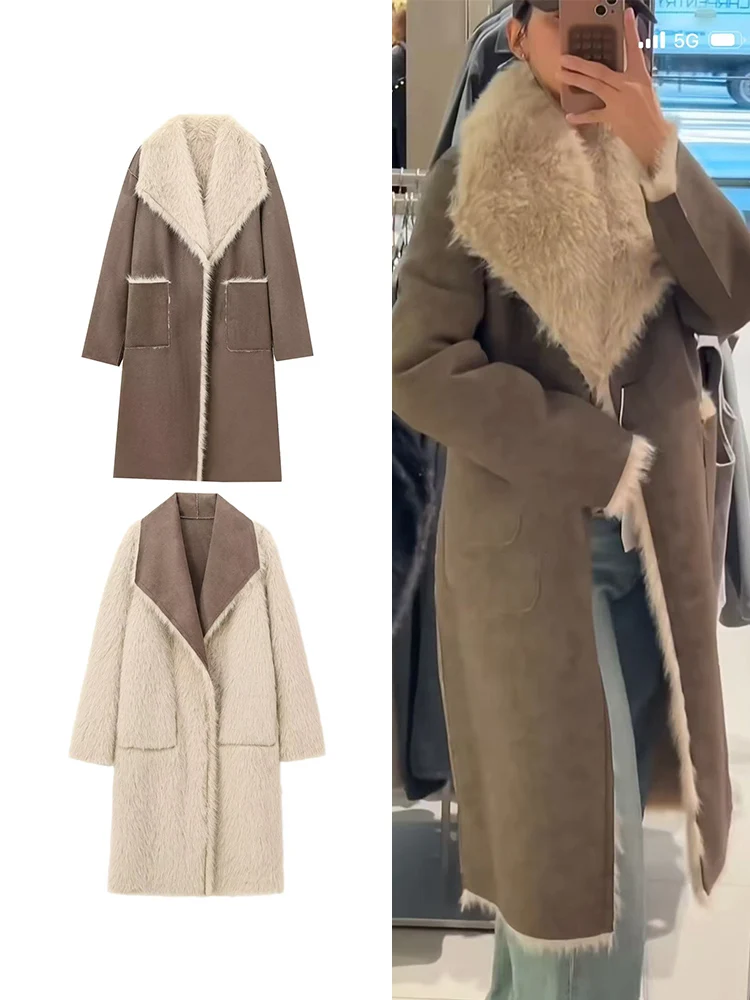 

Women Winter Warm Jacket Coat New Loose Reversible Design Faux Fur Effect Long Sleeve Lapel Pocket Decorate Coat Casual Outwear