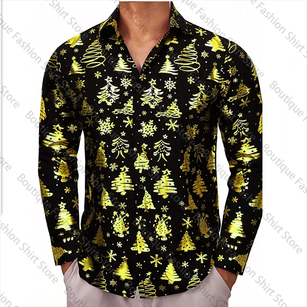 Camisa con estampado 3D de árbol de Navidad para hombre, camisa de manga larga con botones, Top de fiesta navideña, Año Nuevo, 6XL, 2024