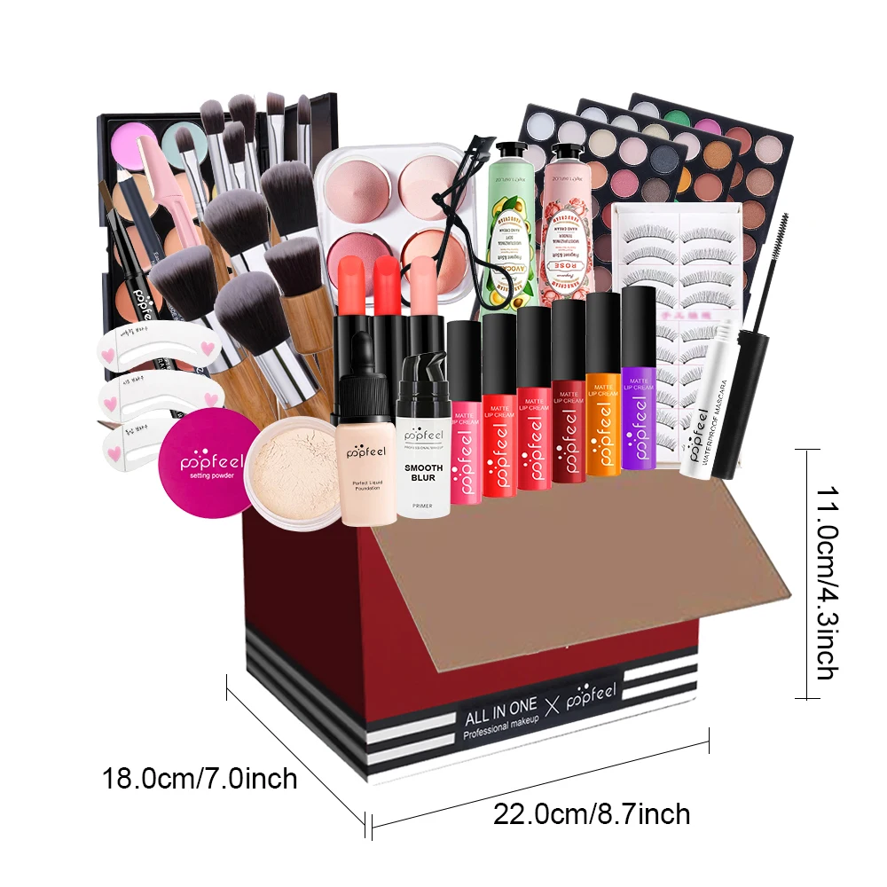 All-in-One Makeup Kit Pro Cosmetic Set Damen Komplettset Lidschatten Lippenstift Pinsel Primer Puder Wimpern für Anfänger Experten