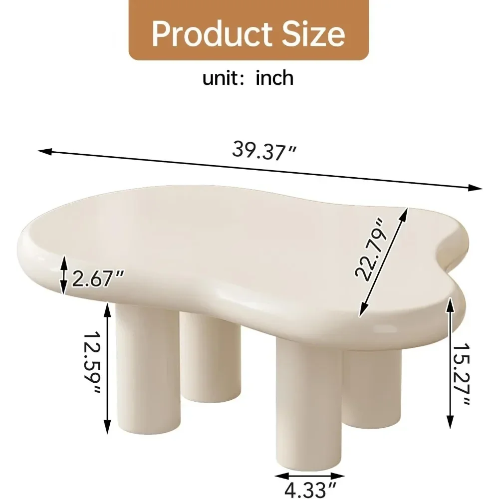 Meja kopi Cloud 39.37 ", meja kopi Modern dengan 4 kaki penyangga kokoh, meja kopi kecil, Meja tebal 2.67", cocok mudah